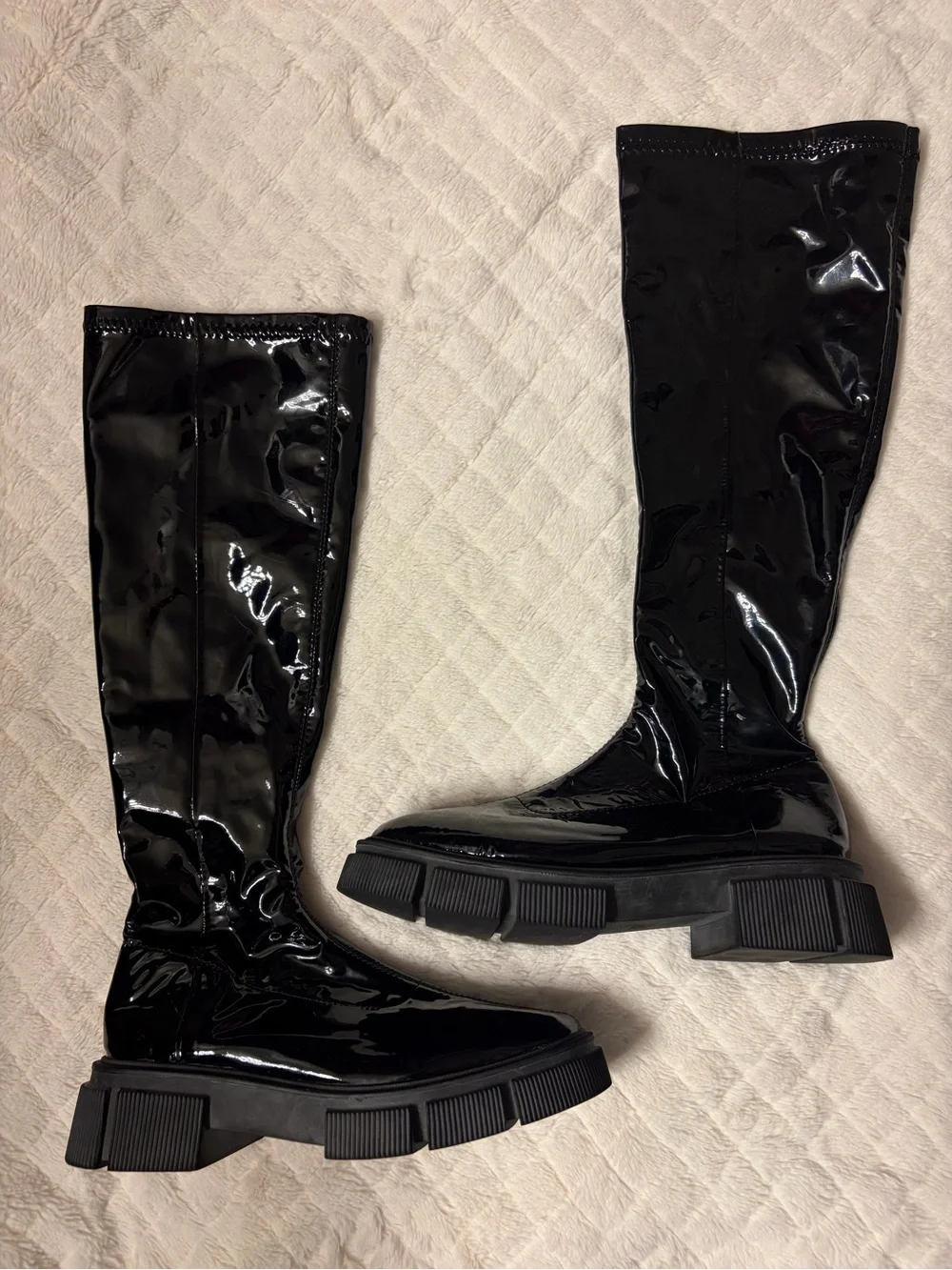 Zara Glossy Black Faux Patent Leather Platform Boots Stretch